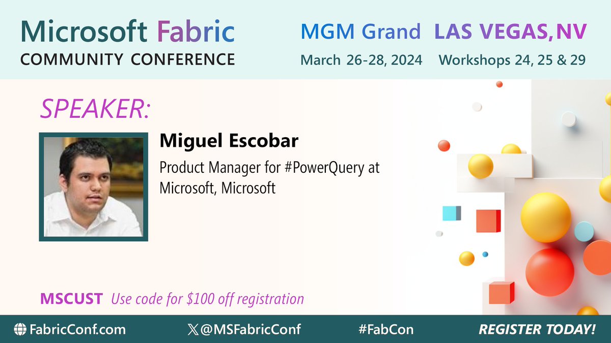 Microsoft Fabric Community Conference - 2025 (@msfabricconf) on Twitter photo Sr. Product Manager, <a href="/EscobarMiguel90/">Miguel Angel Escobar</a>, is gearing up to lead informative sessions at #fabcon Join Miguel as he dives into "Connecting to the World’s Data Using Data Factory" and "Upgrade Pathways and Best Practices for Data Factory."
Register today: fabricconf.com Sr. Product Manager, <a href="/EscobarMiguel90/">Miguel Angel Escobar</a>, is gearing up to lead informative sessions at #fabcon Join Miguel as he dives into "Connecting to the World’s Data Using Data Factory" and "Upgrade Pathways and Best Practices for Data Factory."
Register today: fabricconf.com