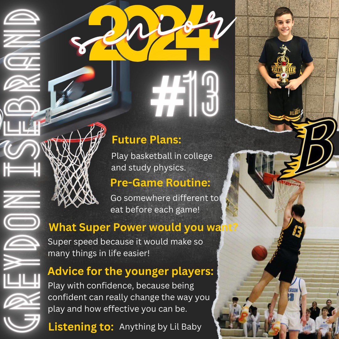 Today’s #BurnsvilleBasketball #Classof2024 Senior Highlight is our other Senior co-Captain, Greydon Isebrand. 

Greydon plans to continue playing basketball in college and his advice for younger players is to play with confidence. 

Best wishes in the future, Greydon!