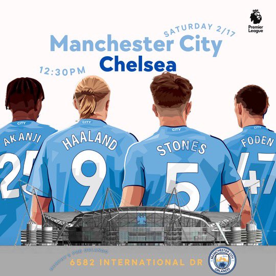 Tomorrow 📣
Join us for lunchtime kickoff of ManCity vs Chelsea!
12:30 at <a href="/pub_murphy/">Murphy's Pub</a> 🍻