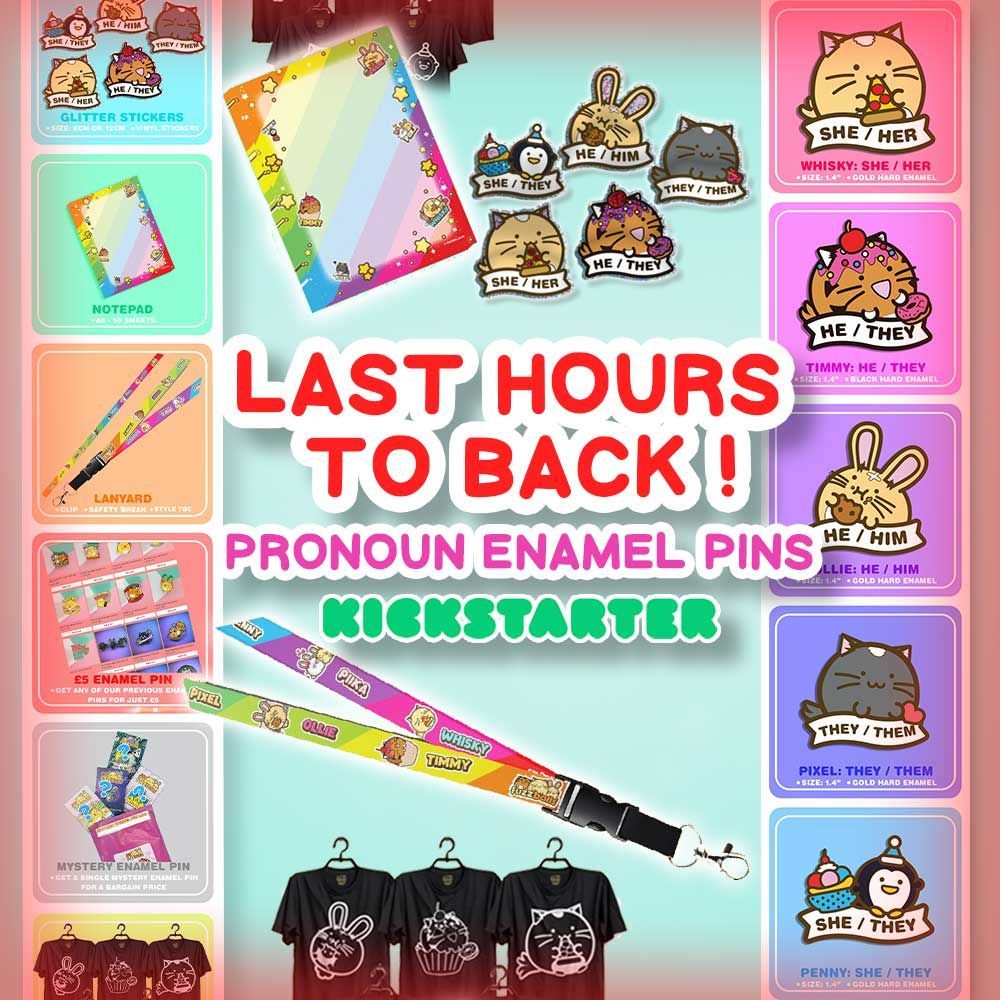 fuzzballs's tweet image. ⚠️ ONLY A FEW HOURS LEFT TO BACK!⚠️ 
Fuzzballs Pronoun Enamel Pins on kickstarter buff.ly/3OFEwry 

#fuzzballs #kickstarter #kawaii #enamelpins #pronounsmatter #pronouns #cutecats