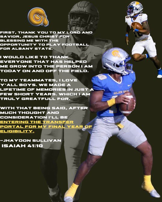 Jhaydon Sullivan QB from Albany State University has entered the transfer portal with 1 year of eligibility