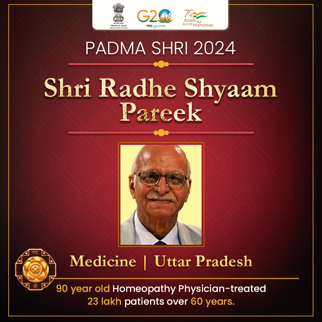 aoghsa's tweet photo. #Padmashri_2024
#LegendOfHomoeopathy
*Shri. Radhe Shyam Pareek, a distinguished 90-year-old Homoeopathy Physician from Uttar Pradesh, has been conferred with  Padma Shri in Medicine.@HFWOdisha @CMO_Odisha https://t.co/5dxtMl0302