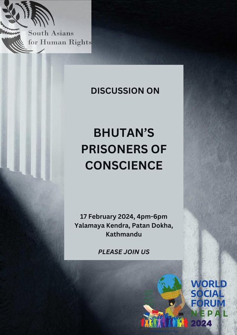 Thimphu must be EXPOSED on this matter... 'Bhutan's Prisoners of Conscience' Decades behind bars. At the World Social Forum Discussion led by Devendra Bhattarai, many involved individuals speaking. Organised by South Asians for Human Rights 4-6 PM, YalaMaya Kendra, Patan Dhoka