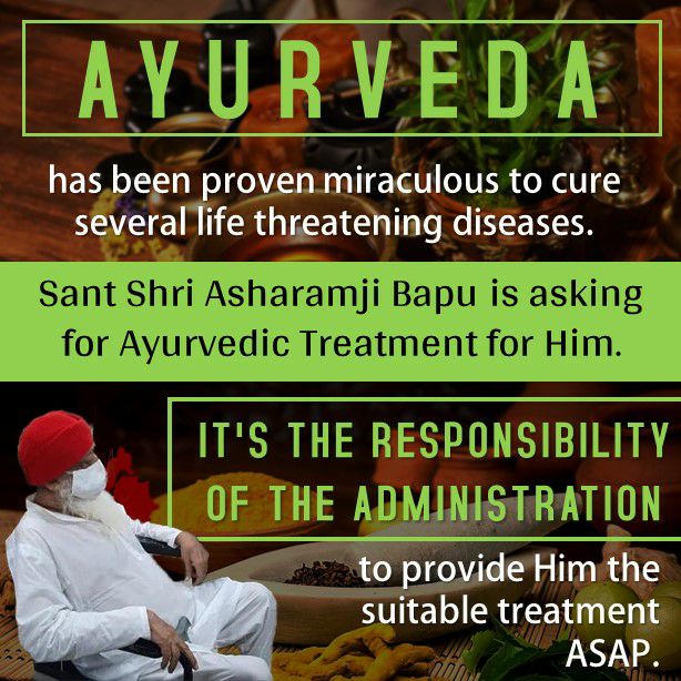 akm_anism's tweet photo. Ayurveda has been proven miraculous to cure several life threatening diseases.
Sant Shri Asharamji Bapu is asking for Ayurvedic treatment for Him.
It's the responsibility of the administration to provide Him the suitable treatment ASAP
Doesn't Bapuji has right?
#HumanRightsMatter https://t.co/t3pFYykSQL
