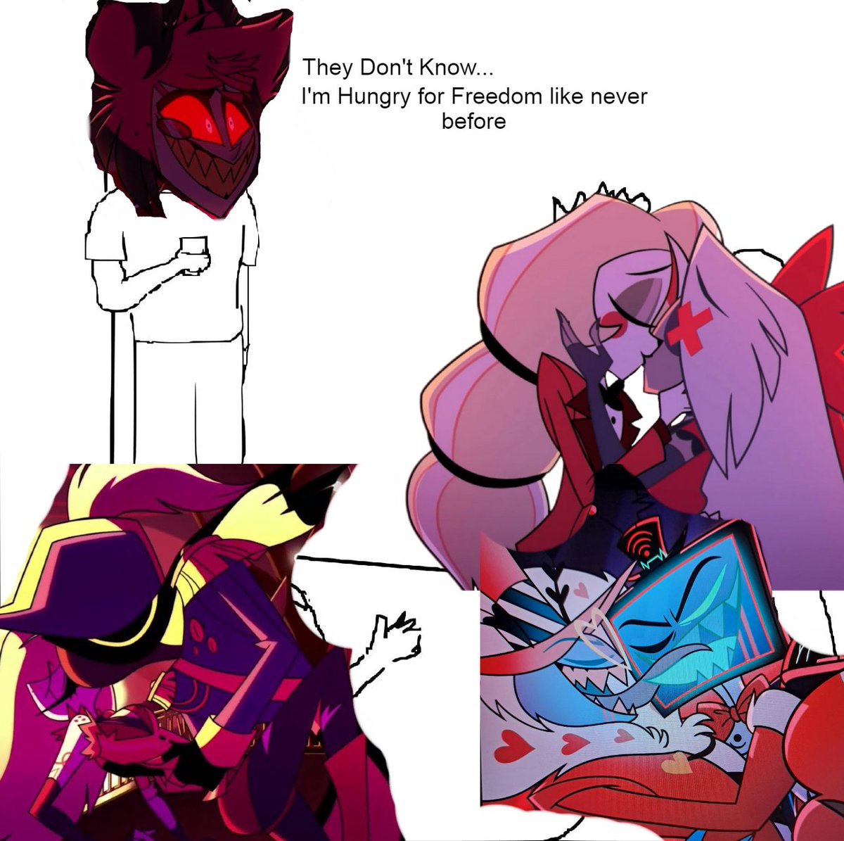 lol i did this, #chaggie #Cherrisnake #StaticMoth #hazbinhotel #hazbinhotelmemes #HazbinHotelSpoilers #HazbinHotelVox #Alastor #HazbinHotelCharlie #SirPentious #Valentino #HazbinHotelVaggie #CherriBomb