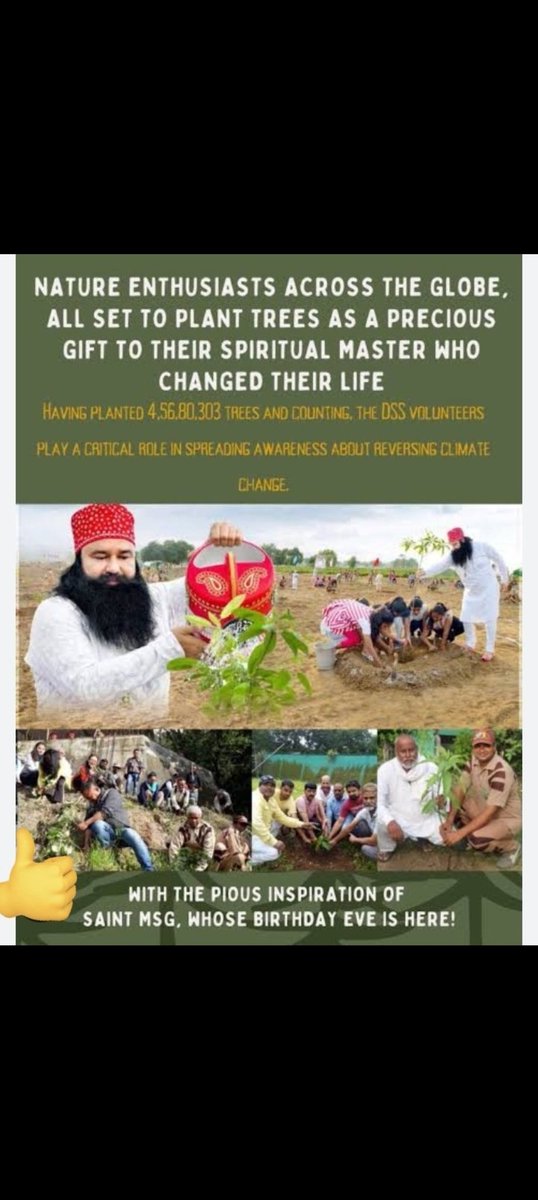 To make the earth a pollution-free and healthy environment. Following the inspiration of Saint Ram Rahim ji, the volunteers of Dera Sacha Sauda plant lakhs of trees every year.

#GiftOfTrees
Nature Campaign