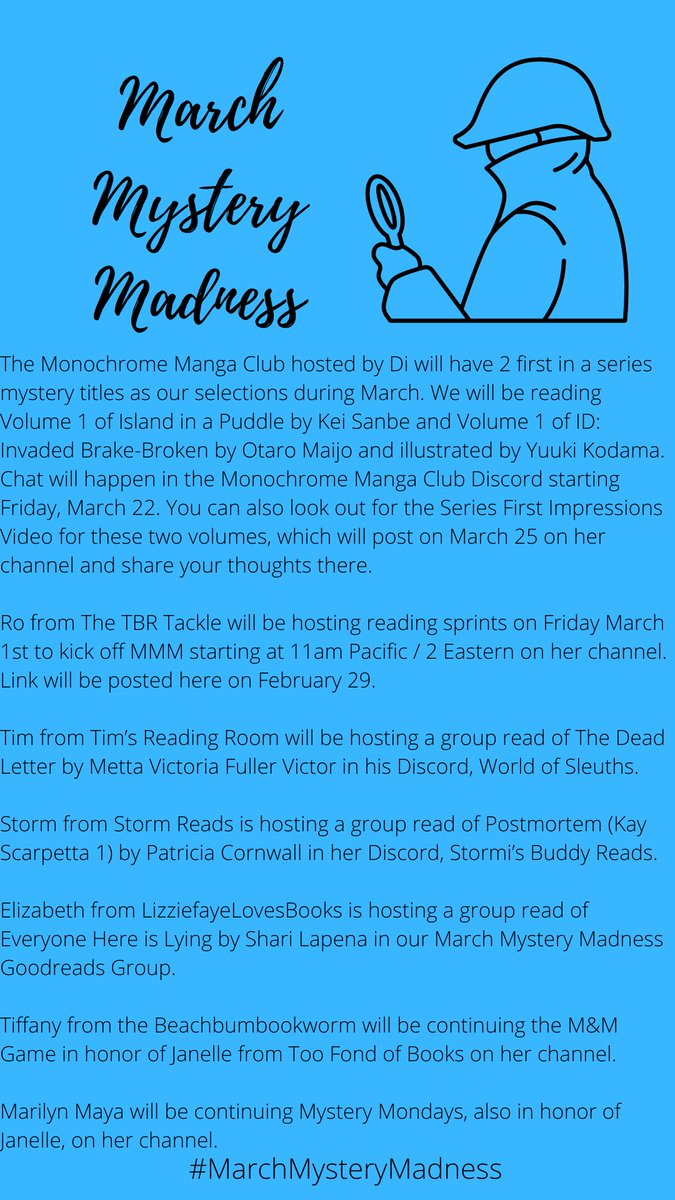 Schedule of Events for Round 9! 

Hope you are able to join in on any or all of these events from our hosts this year. If you need links to any of the groups for the buddy reads, please let me know and don't forget to share your TBRs with us! #MarchMysteryMadness #ToTheNines