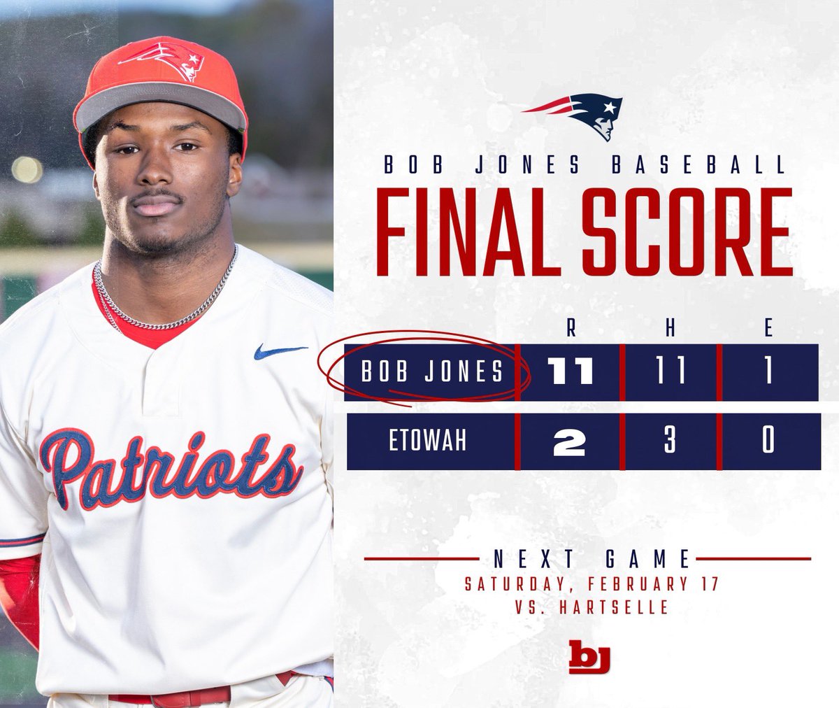 Pats (1-0) get the 1st win of the year 11-2 over Etowah!