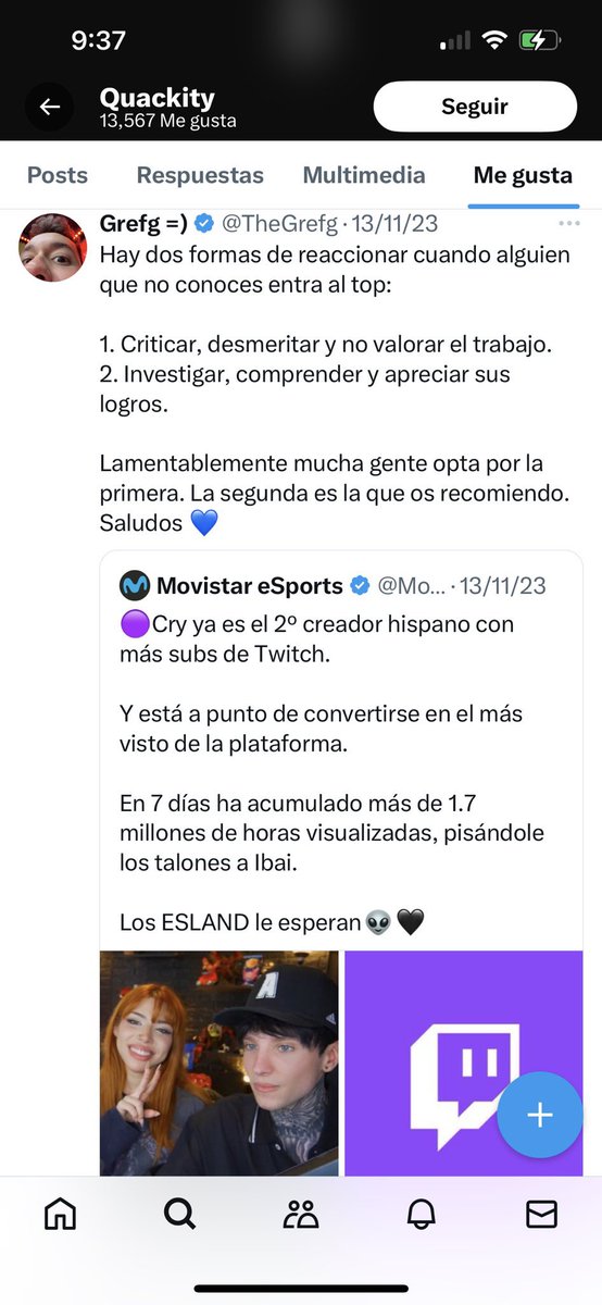 AleVillaN2's tweet photo. @omixher @ElTartajaHC Varias de las que vi tirando más hate si son y lo que me da risa es que quackity le dio like a este tweet de Grefg defendiendo a Cry por que lo estaban desmeritando por el ship xd ósea ni el mismo quackity ve bien desmeritar gente y algunas de sus fans lo hacen 💀💀 https://t.co/jaRZbtzRke