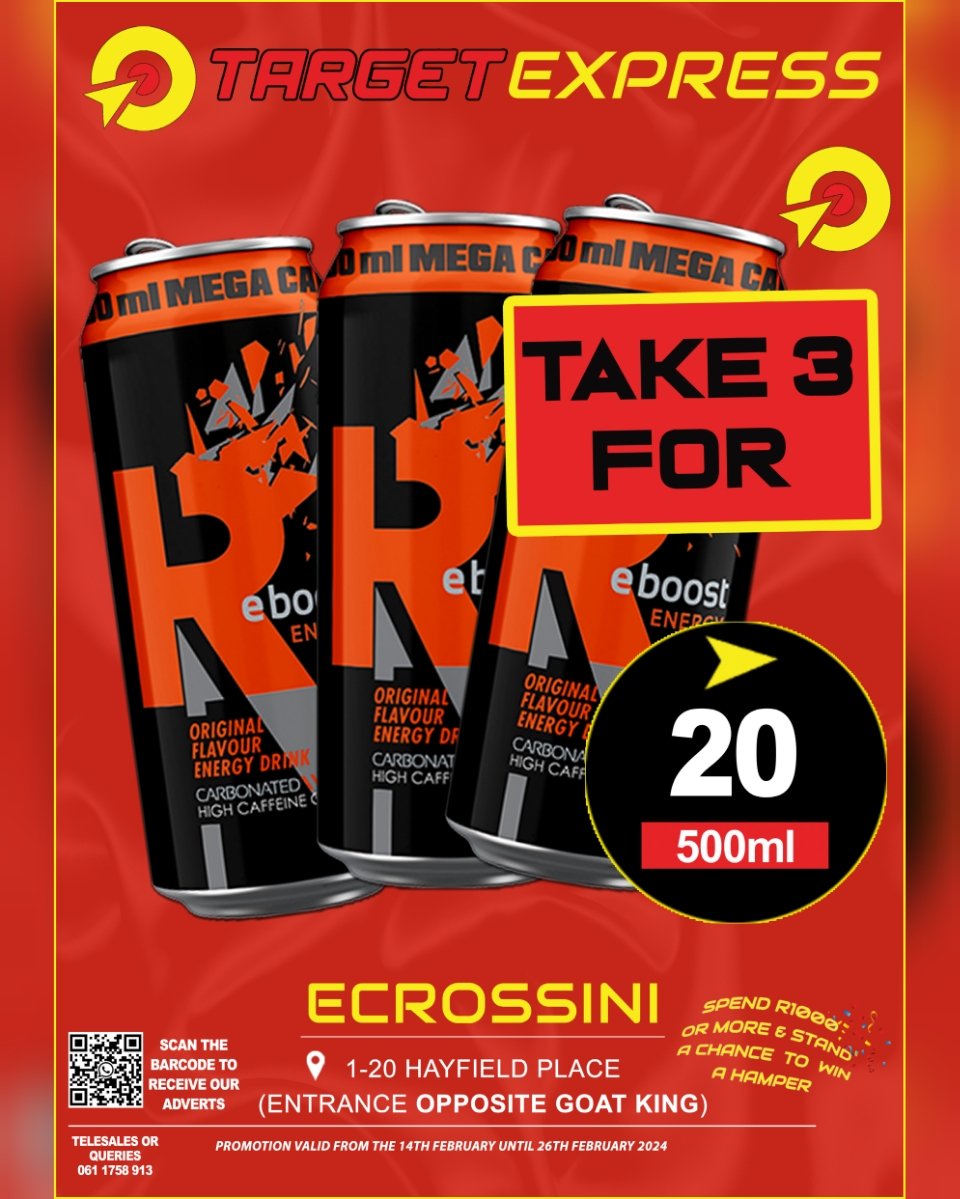 targetcnc's tweet photo. π΄π― Weekly Specials π―π΄
Everyday Low Prices...
π― Promotion ends 26/02/2024
π― Massive Combo Deals
π― Traders Welcome
π― Buy for R1000 or more & stand a chance to WIN A HAMPER...!
Prices Valid while Stocks last.
#Target #express #cashandcarry #targetexpress https://t.co/4Wq8XHs9ZA