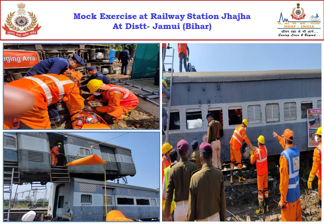 09NDRF's tweet photo. A Mock Exercise with railway was conducted at #Railway stn Jhajha (Bihar) with Stakeholders i.e. #Police, #Fire_Brigade, Medical Deptt, #RPF, #GRP, #DDMO Jamui explained their roles and responsibilities.also an exhibition was displayed using Rope rescue, MFR, CBRN and IFD eqpts. https://t.co/mgk1cHcA11