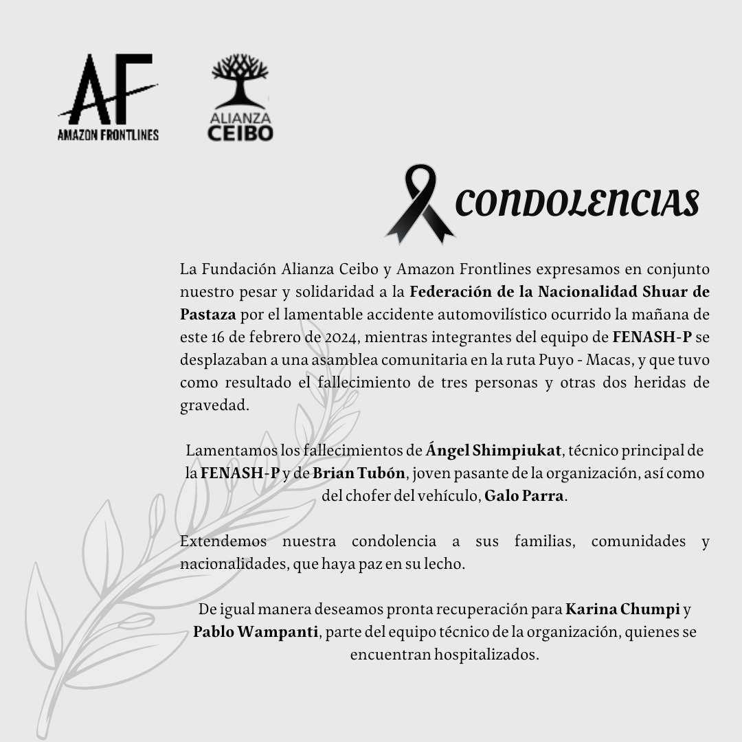 ✝️ Nuestras más sentidas condolencias ca la #Fenash #Pastaza, al pueblo shuar y a familiares y amigos de las personas fallecidas este 16 de febrero en la ruta Puyo-Macas Deseamos la mejor recuperación para las personas que se encuentran hospitalizadas.