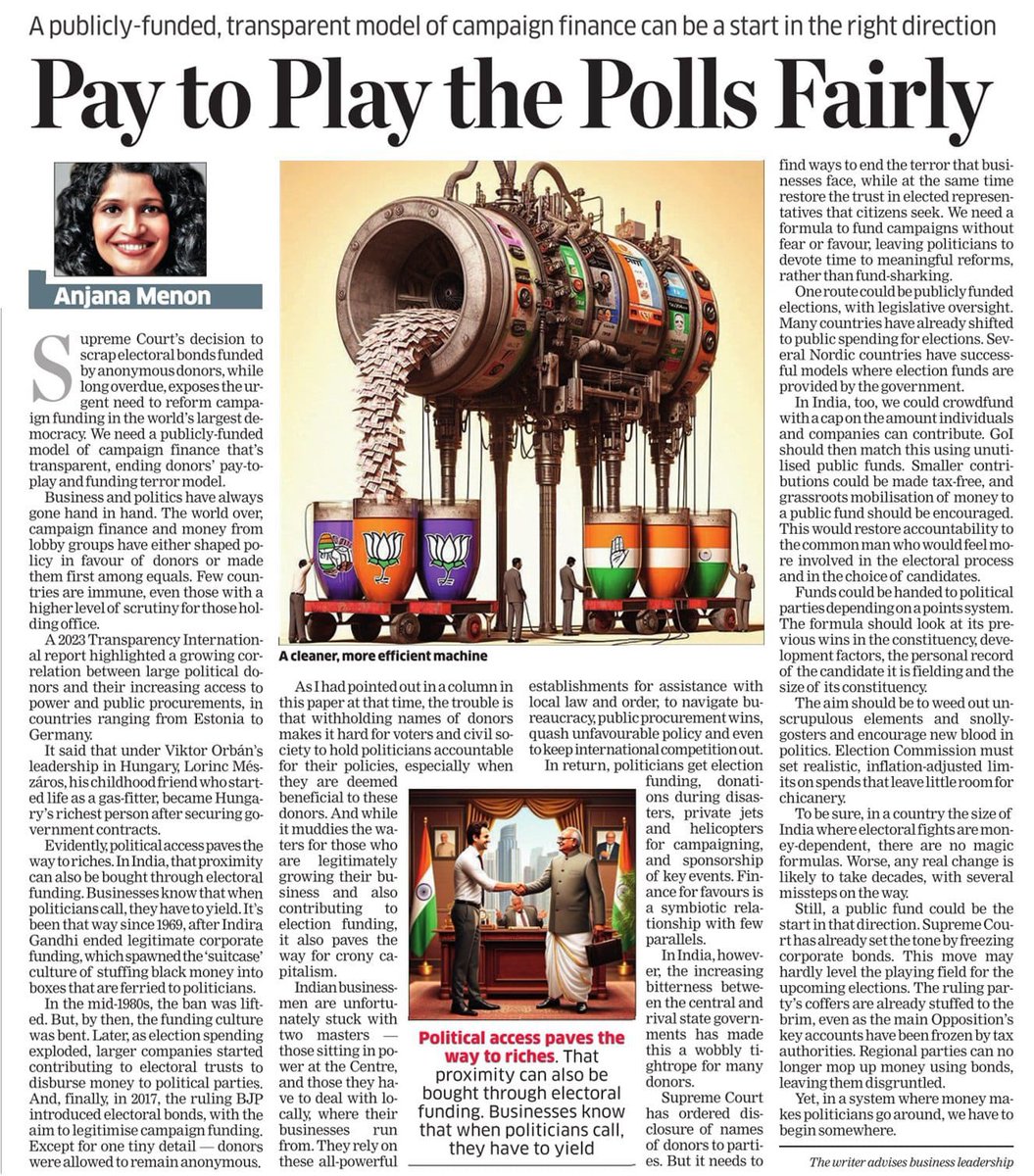 ‘We need a formula to fund campaigns without fear or favour, leaving politicians to devote time to meaningful reforms, rather than fund-sharking.’ @menonanj #ElectoralBonds #elections
