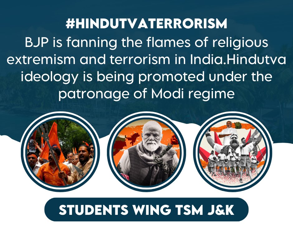 arshidawan101's tweet photo. #HindutvaTerrorism

    •BJP is fanning the flames of religious extremism and terrorism in India  
    •Hindutva ideology is being promoted under the patronage of Modi regime 
    •Hindutva ideology being espoused by Modi is a form of religious terrorism https://t.co/ASsuO1OYSg