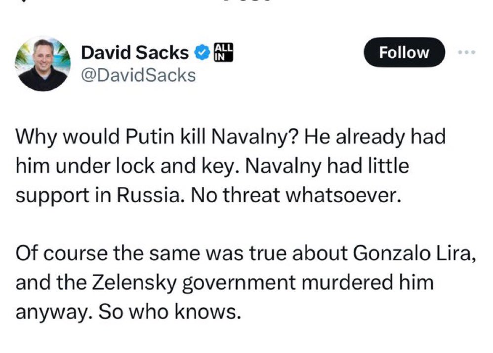 The pro-Putin crowd knows how bad Navalny’s death is for them so they’re trying to push this completely unsubstantiated lie that Ukraine killed Gonzalo Lira, a man with severe health problems who was treated with kid gloves by the Ukrainian government