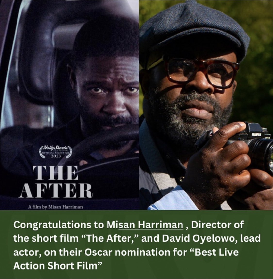 Congratulations to @misanharriman, Director of the short film “The After,” and @davidoyelowo, lead actor, on their Oscar nomination for Best Live Action Short Film!