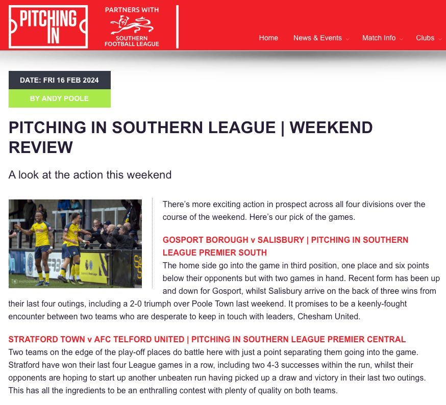 The <a href="/SouthernLeague1/">The Pitching In Southern Football League</a> website has highlighted todays  encounter at the Arden  Garages Stadium as game of the week in the Premier Central Division. Make it your game of choice this afetrnoon. #ComeOnYouBards