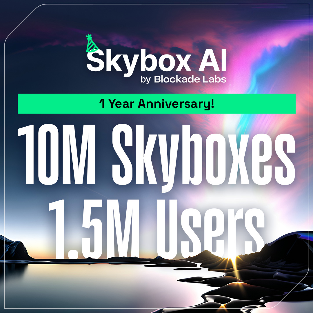 Skybox AI turns 1 today! 🎉🥂✨ Thank you to all 1.5 million users who generated 10 million 360° skybox worlds this past year! Since launch, we released dozens of updates, including Sketch, Remix, 3D Mesh Beta, and so much more - and you're gonna love what's next. SOON. 👀