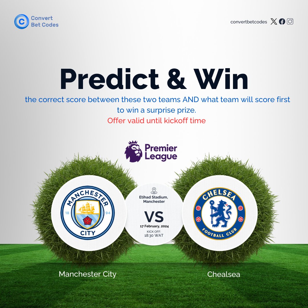 ConvertBetCodes's tweet photo. 🚨Get all the predictions correct and win our prize! 2 lucky winners will be selected

Manchester City Vs Chelsea

Like, Retweet and Follow to qualify

#MCLCHE|#ManCity https://t.co/3eX2rGxl4G