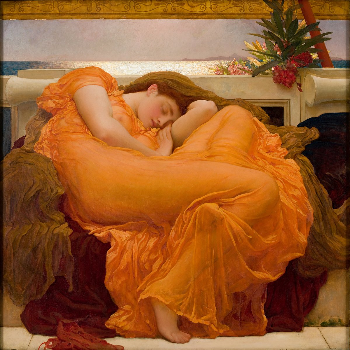 Flaming June is back 🧡 Almost 130 years after it was first exhibited at the RA, Frederic, Lord Leighton PRA’s iconic painting returns in all her orange splendour. See it in our free Collection Gallery from today: roy.ac/t31aq9il Image caption in ALT text.