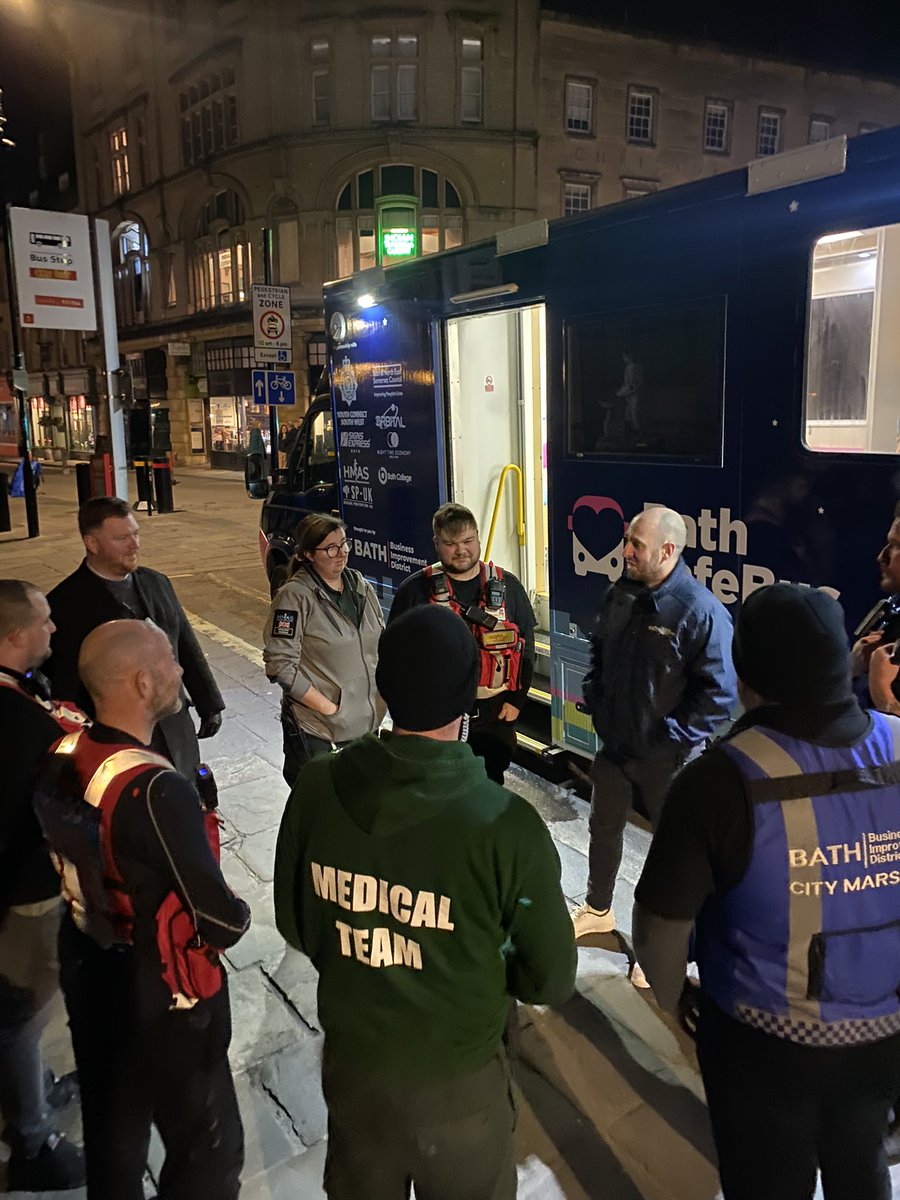 It's the weekend and before the start of every shift we  hold a team briefing, 10.30pm at the bus with the Safe Bus Team, Night Marshals, SPUK Welfare Team, Police, City Pastors and Venues, to share intelligence and discuss the night ahead. 🚎 

#BathSafeBus 
#SafeandSecure