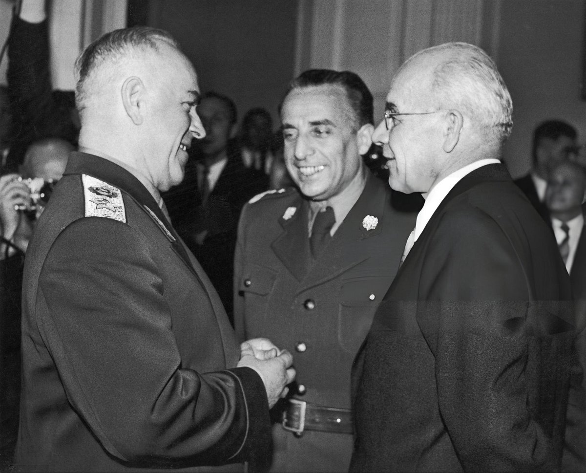 Georgy Zhukov, Minister of Defense of the USSR, General Marian Spychalski, Minister of Defense of Poland, and Wladyslaw Gomulka, Prime Secretary of the Central Committee meet in Warsaw on December 17, 1956, before the signing of the Soviet-Polish Agreement