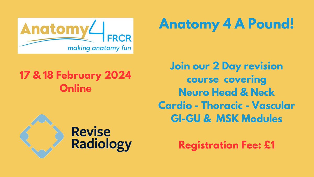 Warm welcome to all Radiology Trainees who are attending the @anatomy4frcr Revision Course Online - hosted by @reviseradiology We have over 200 registered !! Good Luck !!