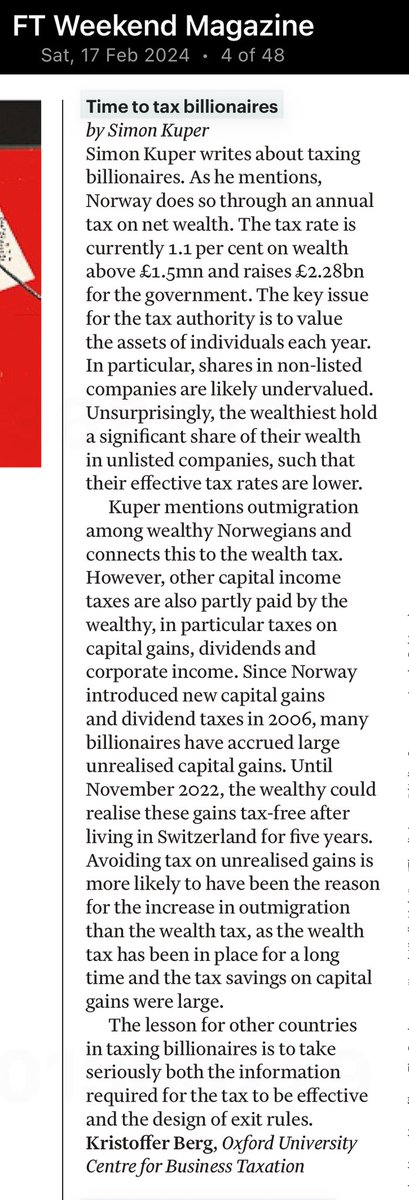 I write about lessons from Norway on taxing billionaires in a letter in @FTMag in response to @KuperSimon