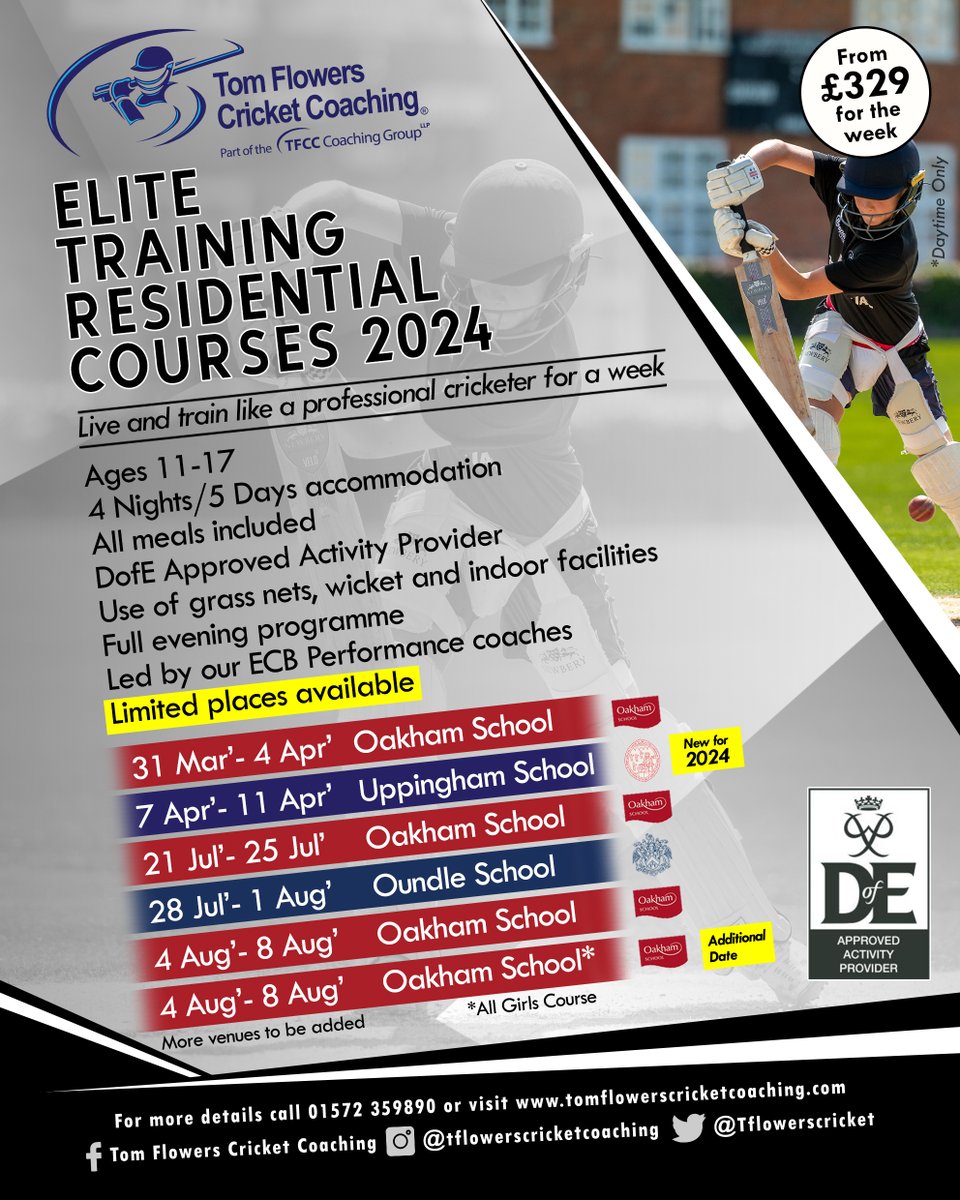 🔵Elite Residentials for 2024🏃🏏

We're visiting
🔵<a href="/OakhamSch/">Oakham School</a> 31-4th Apr
⚪<a href="/UppinghamSchool/">Uppingham School</a> 7-11th
🔵<a href="/OakhamSch/">Oakham School</a> 21-25th July
⚪@OundleSchool 28-1st Aug
🔵<a href="/OakhamSch/">Oakham School</a> 4-8th
⚪<a href="/OakhamSch/">Oakham School</a> Girls Only 4-8th

☀️5 days
🌙4 nights
🟣DofE Approved Providers

👇🏻👇🏻
🔗tomflowerscricketcoaching.com/tfcc-residenti…