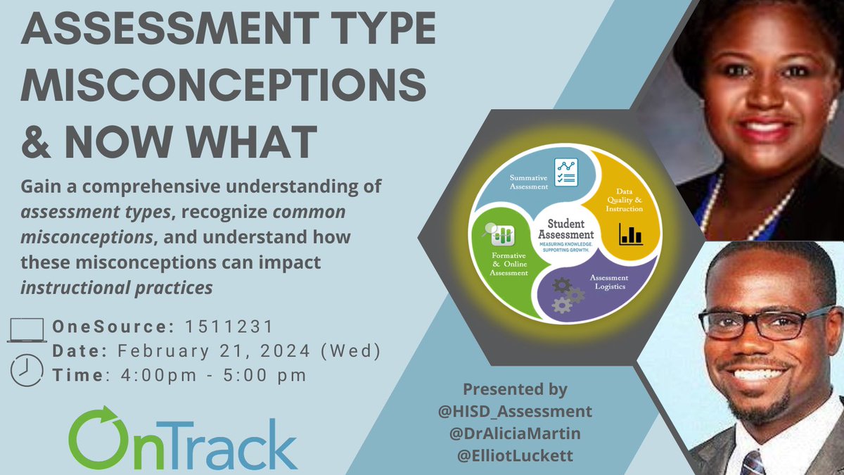 📢 #TeamHISD 🧑‍💻💻
Do you want to gain a comprehensive understanding of assessment types? Do you need PLC resources? Join our 2/21 virtual session & learn how these misconceptions can impact instructional practices🔎🤔
OneSource Code: 1511231 #DataRichYear #HISDAssessmentStrategy