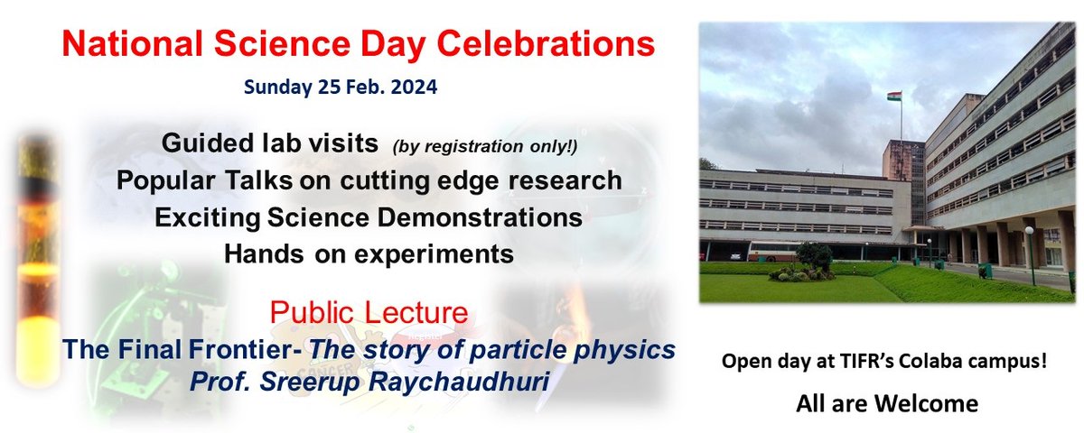 The 2024 #NationalScienceDay celebrations @TIFRScience 's Colaba campus will be on SUNDAY 25th February. Guided lab tours, exciting demos, talks, a public lecture... Science fun for everyone! Details, registration link (reqd for lab visits) at tifr.res.in/outreach/nsd/i… #scicomm