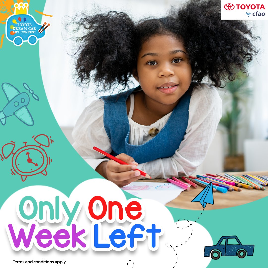 Last week to submit your child's masterpiece to the #ToyotaDreamCarArtContest! Don't miss the deadline for the 17th Edition. Download and fill the form at bit.ly/3Hfs91e, drop it at CFAO Motors Kenya Limited or any of our branches. #DreamItDrawIt #CFAOMotorsDrivesKenya