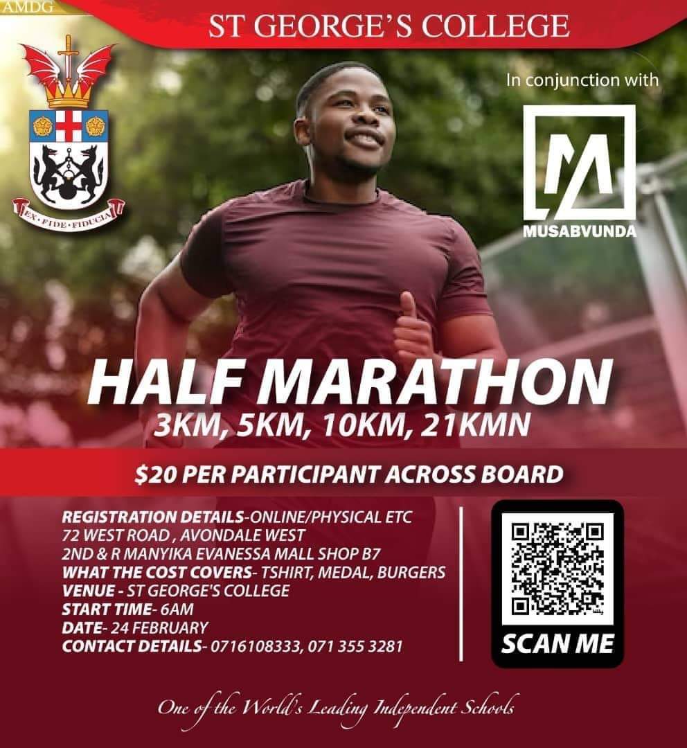 Join us for our first half marathon of the year with St George’s!!! Registration is $20 to include Tshirt, medal, refreshments and entertainment l Whatsapp 071 355 3281 Online registration bit.ly/StGeorgesColle… @KUDZIELISTER2 @Mavhure @takemorem1 @EsteemComms @alickmacheso3