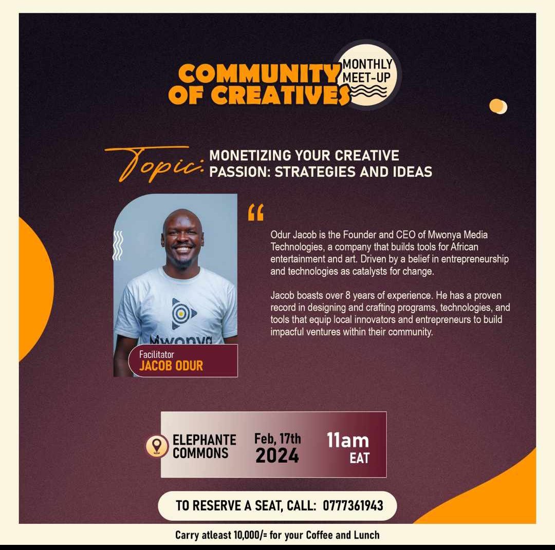 ChrisOkello28's tweet photo. We'll be at @ElephanteComns Gulu today to digest the knowledge of Felix and @ThatLango on Monetizing your creative passion, strategies and Ideas.
If you're a creative in Gulu, fall in at exactly 11AM to tap into the discussion.
#CommunityOfCreatives https://t.co/AHmSdgBLLO