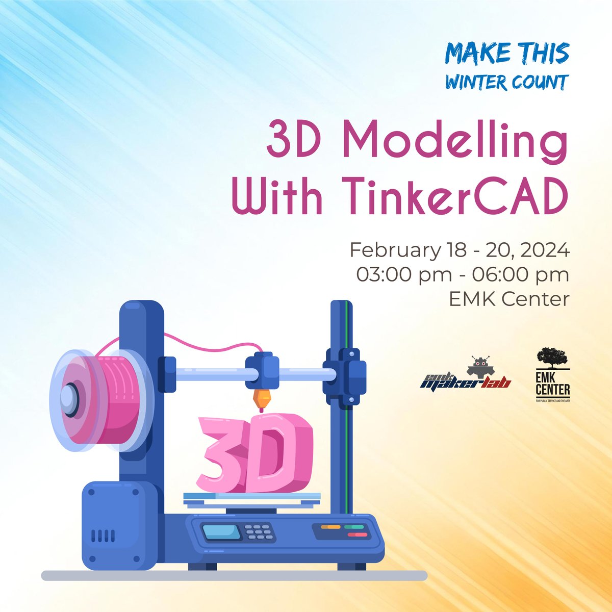 EMKCenter's tweet photo. Dive into 3D printing magic! ๐ Join our workshop (Feb 18-20, 3-6 pm) & transform ideas into reality! โ๏ธ๐จ๏ธ Sign up ๐ https://t.co/7RtUiNZ65Q
#3DModeling #YouthTech #LearnByMaking #WinterCampCreate ๐โจ https://t.co/kkJ08MaEZw