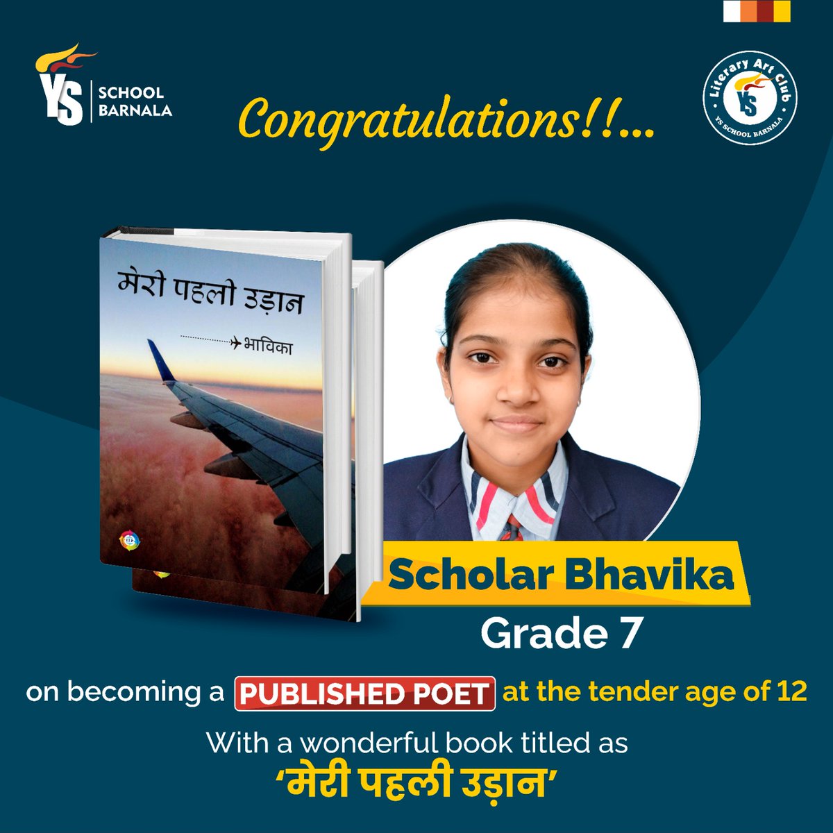 YSGroup3's tweet photo. We are feeling proud to share that one of our scholar Bhavika of grade 7 has gained  entry into the club of writers with a wonderful book titled as मेरी पहली उड़ान. Hopefully this book will make a place in your hearts. Kindly shower your love and blessings on our budding writer and on her beautiful piece of work. 🌻😇😇

Here are the online platforms of the book. 
1.Flipkart 
https://t.co/XwRlr6yyIu

https://t.co/BvEe7gCCoc https://t.co/iqTjicAjVt

3.IIP 
https://t.co/E5ZsuJxZqO

#YoungWriter
#Youngpoet
#YSB
#YSSchool
#Education
#Language
#Congratulations
#PublishedPoet 
#CBSS