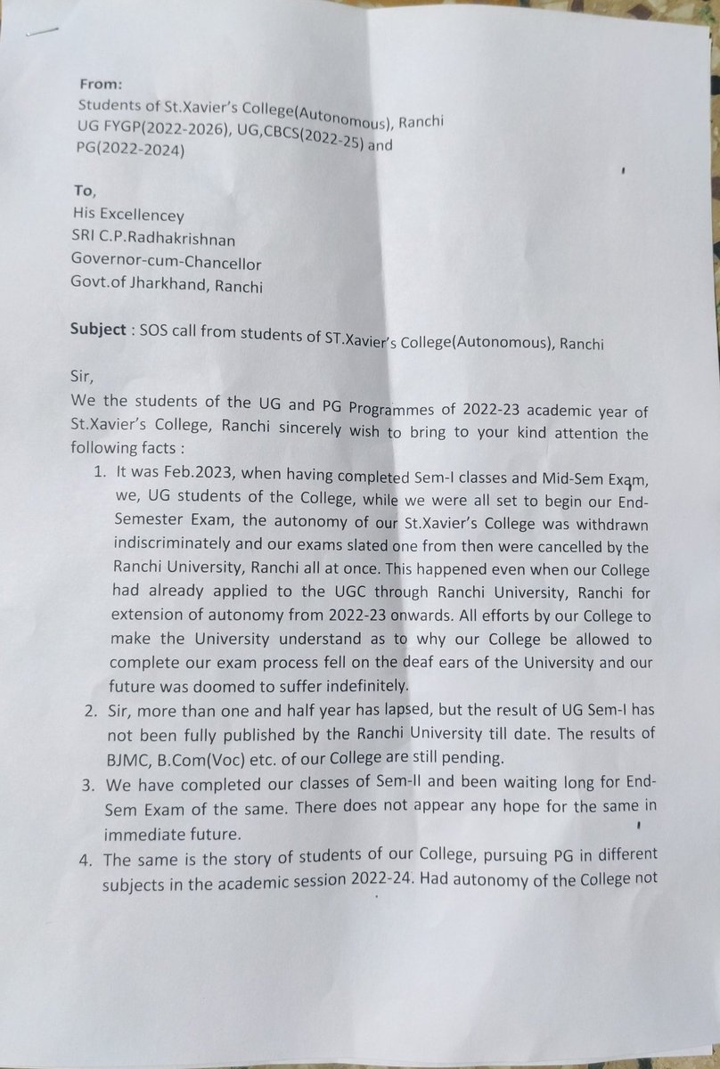 RitikKu79003378's tweet photo. @CPRGuv I am writing to express my concern regarding the scheduling of examinations at St. Xavier's School, Ranchi. As the semester schedule has been significantly delayed it is imperative that examinations are conducted within the college premisesrather than by RanchiUniversity https://t.co/0CMFgeHYyk