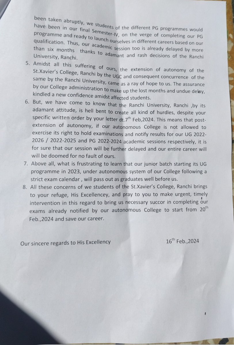 RitikKu79003378's tweet photo. @CPRGuv I am writing to express my concern regarding the scheduling of examinations at St. Xavier's School, Ranchi. As the semester schedule has been significantly delayed it is imperative that examinations are conducted within the college premisesrather than by RanchiUniversity https://t.co/0CMFgeHYyk