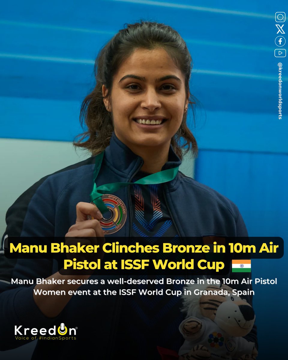 kreedonworld's tweet photo. @bhakermanu secures the bronze in the 10m Air Pistol Women event at ISSF World Cup, Granada, Spain! 🥉✨

Share your favorite moment from her precision-packed performance! 🎯

#kreedon #manubhaker #issfgranada https://t.co/i1Gwl4atcK