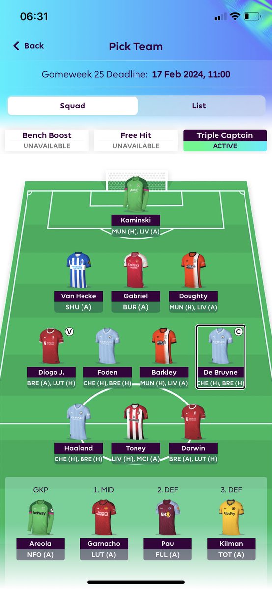 FPLHindsight's tweet photo. Locked in for DGW25. Decided to go big or go home with KDB TC.
At an OR of 523, I'm never getting a better opportunity
One way or the other its going to be a big GW. #FPL https://t.co/bqPmzJ5223