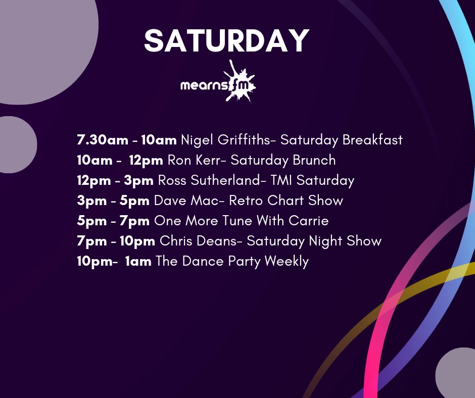 Saturday's from 7pm on MearnsFM is the Home of Mr Saturday Night- Chris Deans! Slight change to today's schedule, Carol is on Breakfast and Michael is looking after TMI Saturday!
