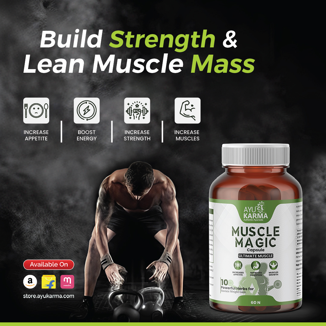 AyuKarmaStore's tweet photo. "Say goodbye to skinny and hello to strong! AYUKARMA Muscle Magic Capsules are here to help you build the physique of your dreams. Get ready to unleash your potential! 💪🚀

Available on AMAZON, FLIPKART, MEESHO, TATA 1MG

#ayurveda #ayukarma #musclemagic #weightgain #leanmass https://t.co/SxZndUxaHU