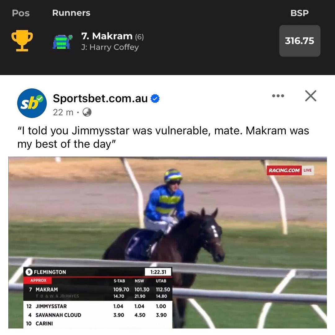 Betfair_Aus's tweet photo. "Hope you layed Jimmysstar and backed Makram at Betfair then..." 😉 https://t.co/NqOiLKtdeu