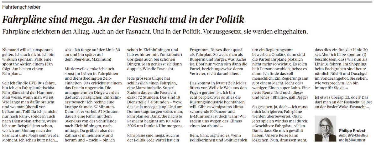 probstphilipp's tweet photo. Fahrpläne erleichtern den Alltag. Auch an der Fasnacht. Und in der Politik. Vorausgesetzt, sie werden eingehalten. Mein neuster Fahrtenschreiber: https://t.co/P0HMxcA1Pf https://t.co/OT0IwdXL3O