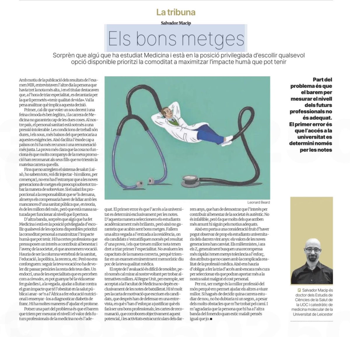 ELS BONS METGES. Lúcid i brillant article de @macips01 Mostra llums i ombres incloses que cal atendre.