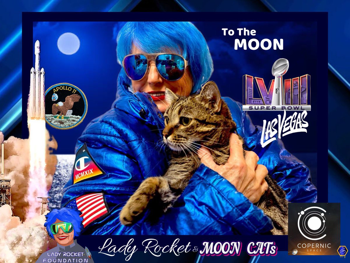 Back by popular demand my  #MoonCat - influencer,ApolloXI. 
New Art created by @GEEZERSnCRYPTO  and joins my collection,
 will be offered soon to fundraise for Cats while the original goes to the Moon soon ! 
Significant addition - Image of @SpaceX Rocket which indeed will