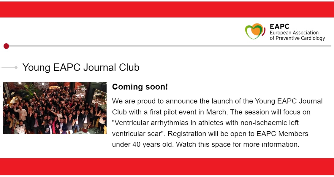 🔥 EAPC Young Community News 🔥 We are proud to announce the launch of the Young EAPC Journal Club with a first pilot event in March 🤩 ✅Topic of the meeting: 'Ventricular arrhythmias in athletes with non-ischaemic left ventricular scar' ➡️Registration will open soon! #cvprev
