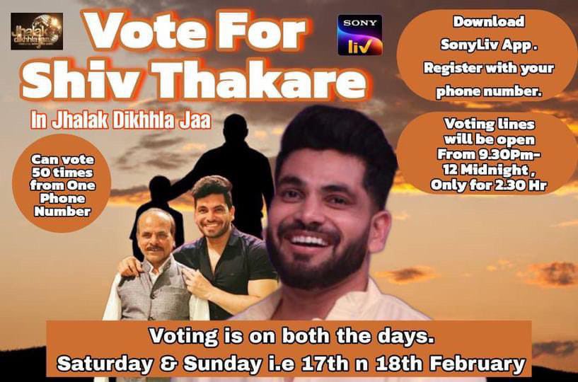 IMPORTANT UPDATE!!

Voting lines For Shiv will be open BOTH on Saturday and Sunday from 9.30 P.m. to 12 Am!

So, we have to vote on both days this week!

Spread the word and be ready for voting in huge numbers!

ՏᎻᏆᏙ🅵🅲™
#ShivThakare 
#VoteForShivInJhalak
#JhalakDikhhlaJaa