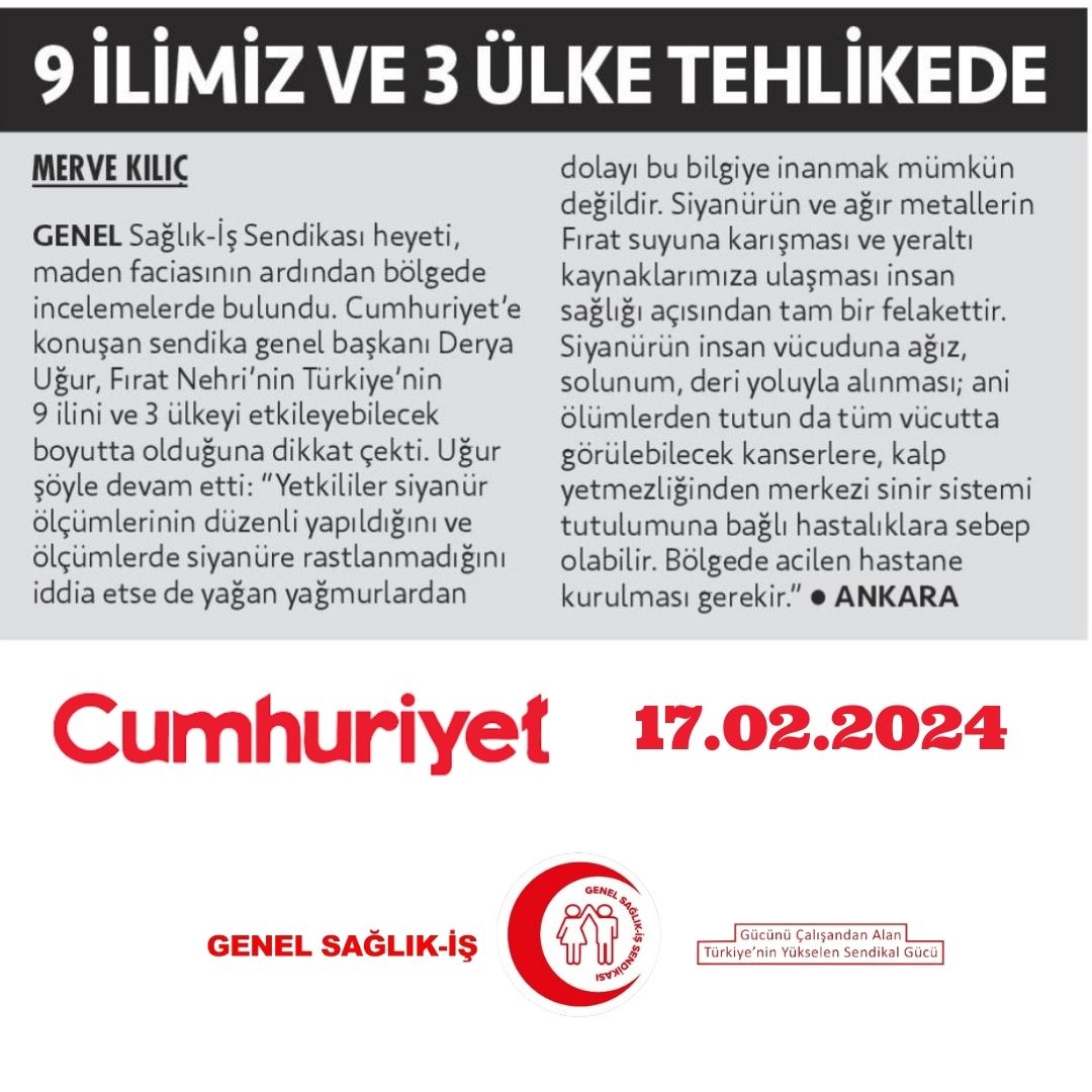 Cumhuriyet Gazetesinde 17.2.2024 tarihinde çıkan haberimiz: Uzmanlardan 'İliç' uyarısı: 9 ilimiz ve 3 ülke tehlikede ⬇️

genelsaglikis.org.tr/uzmanlardan--i…

#Erzincan #İliç #Siyanür #FıratNehri 
<a href="/cumhuriyetgzt/">Cumhuriyet</a>