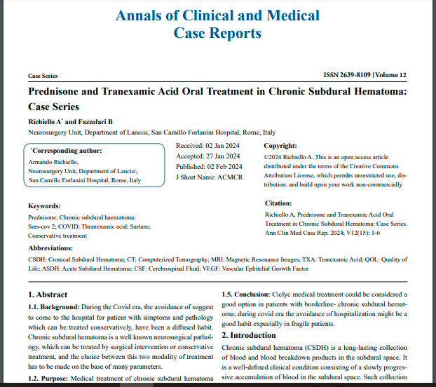 AnnalsMedical's tweet photo. Prednisone and Tranexamic Acid Oral Treatment in Chronic Subdural Hematoma: Case Series https://t.co/18hLlQ98Bq